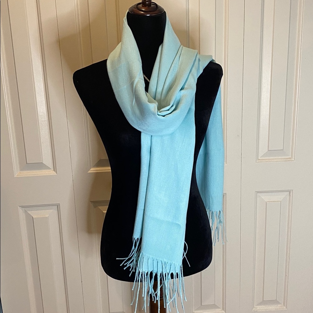 NWOT Pashmina Kashmir light blue fringes, scarf, shawl wrap evening - Picture 2 of 4